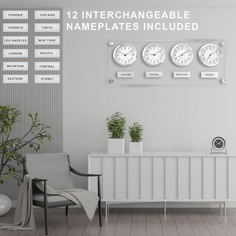 BBHORAIRE Silver Time Zone Wall Clock Mondial Decor Silent Non-Ticking Quartz Analog Battery Operated Multiple City/Country/Region/World Clocks for Home Office Business Study Easy Install 32x12Inch in Saudi Arabia