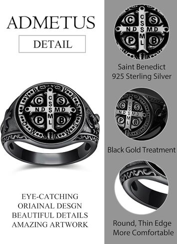 Admetus 925 Sterling Silver St Benedict Rings exorcism Saint Benedict Ring Medalla de San Benito المجوهرات حماية الهدايا الدينية للرجال حلقات الحجم 6-15 in Kuwait