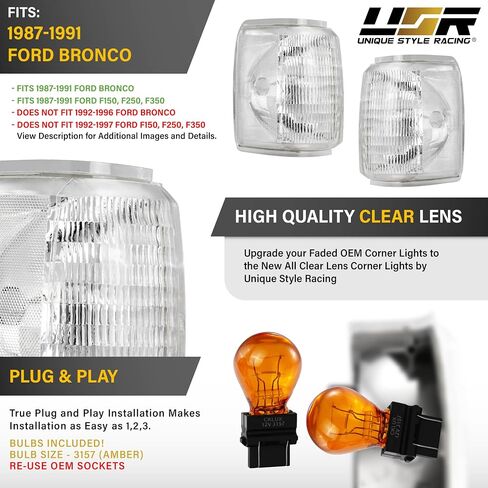 USR 87-91 Light Bronco Corner Light-انعطف مصابيح إشارة (يسار + يمين)-متوافق مع 1987-1991 فورد برونكو الحجم الكامل SUV / F150 F250 F350 / F-150 F-250 F-350 (مصابيح زاوية واضحة مع مصابيح العنبر) in Saudi Arabia