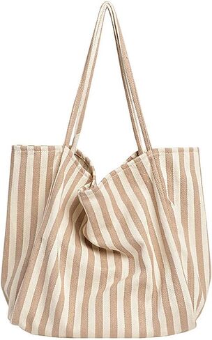 Striped Canvas Tote Handbag for Women Vertical Stripe Large Capacity Shoulder Bag for Shopping Travel in Kuwait