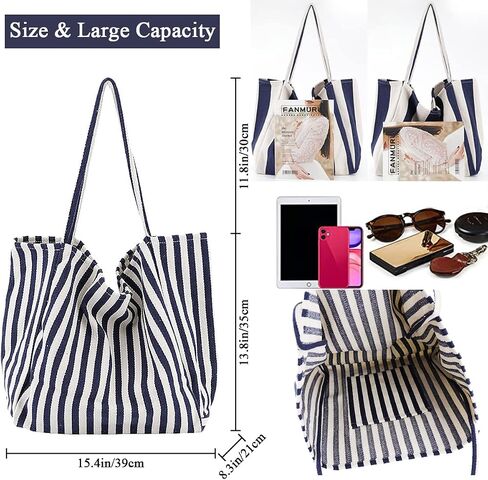 Striped Canvas Tote Handbag for Women Vertical Stripe Large Capacity Shoulder Bag for Shopping Travel in Kuwait