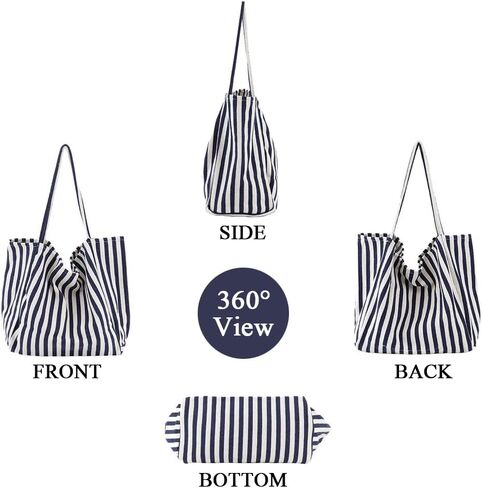 Striped Canvas Tote Handbag for Women Vertical Stripe Large Capacity Shoulder Bag for Shopping Travel in Kuwait