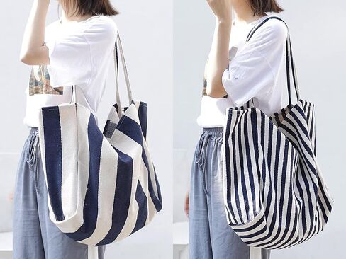 Striped Canvas Tote Handbag for Women Vertical Stripe Large Capacity Shoulder Bag for Shopping Travel in Kuwait