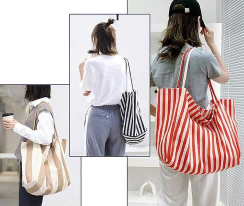 Striped Canvas Tote Handbag for Women Vertical Stripe Large Capacity Shoulder Bag for Shopping Travel in Kuwait