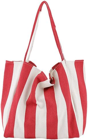 Striped Canvas Tote Handbag for Women Vertical Stripe Large Capacity Shoulder Bag for Shopping Travel in Kuwait