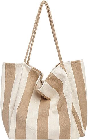 Striped Canvas Tote Handbag for Women Vertical Stripe Large Capacity Shoulder Bag for Shopping Travel in Kuwait