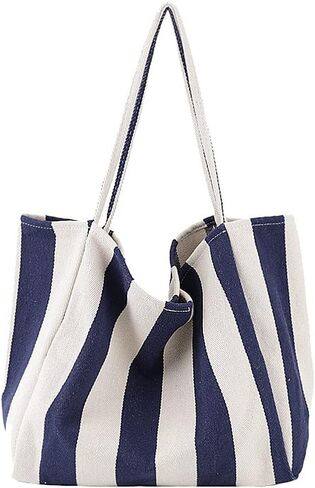 Striped Canvas Tote Handbag for Women Vertical Stripe Large Capacity Shoulder Bag for Shopping Travel in Kuwait