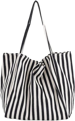 Striped Canvas Tote Handbag for Women Vertical Stripe Large Capacity Shoulder Bag for Shopping Travel in Kuwait