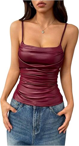 Makemechic Women's Pu Leather Capaged Camisole Camisole Slickeless Cami Top Cowbo in Kuwait
