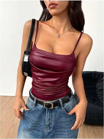 Makemechic Women's Pu Leather Capaged Camisole Camisole Slickeless Cami Top Cowbo in Kuwait