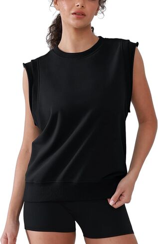 Workout Tank Tops Woman Crew Neck Athletic Tops Cotton Sweatshirt Loose Fit Muscle Tanks Runnning Gym Sports Shirt in Saudi Arabia