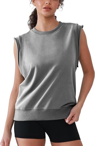 Workout Tank Tops Woman Crew Neck Athletic Tops Cotton Sweatshirt Loose Fit Muscle Tanks Runnning Gym Sports Shirt in Saudi Arabia