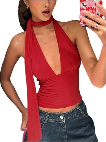 Gorglitter Women's Sexy Deep V Neck Out Out Tops Y2K LANDERLAY HANTER TOPS مع وشاح الرقبة in Kuwait