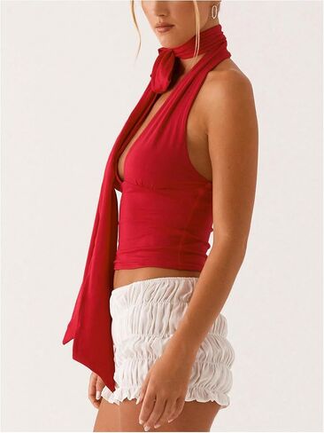 Gorglitter Women's Sexy Deep V Neck Out Out Tops Y2K LANDERLAY HANTER TOPS مع وشاح الرقبة in Kuwait