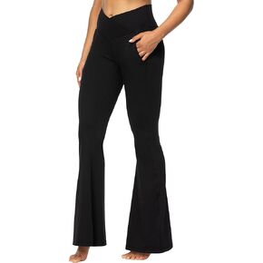 Sunzel Flare Leggings for Women with Pockets, Crossover Yoga Pants with Tummy Control, High Waisted and Wide Leg 30" Black Small in Kuwait