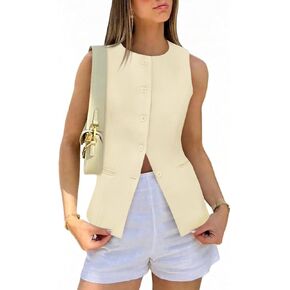 Tankaneo Womens Tweed Sleeveless Vest Crew Neck Button Down Fitted Blazer Vest Tops Work Casual Waistcoat in Kuwait