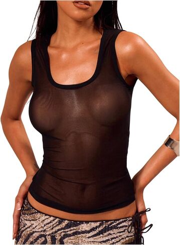 Women's Sheer Square Neck Tank Top Sleeveless Fitted Vacation Summer Tops Basic Shirt in Kuwait
