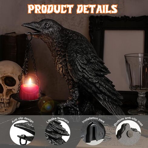 Halloween Decorations Outdoor Indoor Gothic Crow Wall Decor Table Candle Holder Raven Tealight Statue for Yard Patio Garden Bedroom Black in Kuwait