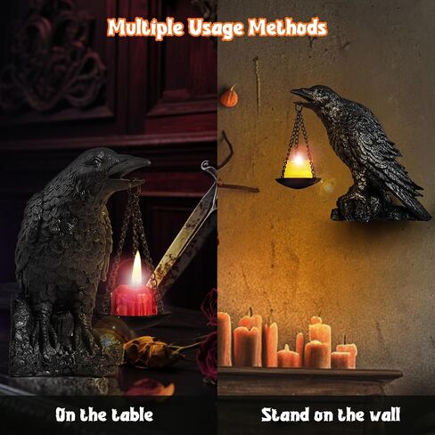 Halloween Decorations Outdoor Indoor Gothic Crow Wall Decor Table Candle Holder Raven Tealight Statue for Yard Patio Garden Bedroom Black in Kuwait