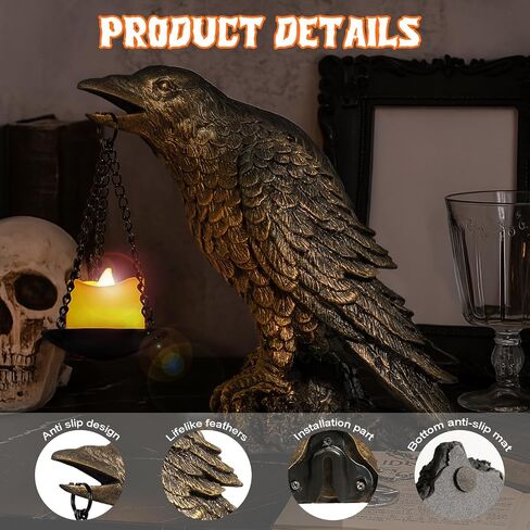 Halloween Decorations Outdoor Indoor Gothic Crow Wall Decor Table Candle Holder Raven Tealight Statue for Yard Patio Garden Bedroom Black in Kuwait