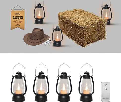 الفوانيس الحمراء الصغيرة الصغيرة المزخرفة مع الفوانيس الغربية العتيقة بعيدة مقاس 7 بوصات مع شمعة LED المتدلية ، زخارف التخييم ، زينة الحزب الغربي ، قطع عيد الميلاد المركزية للطاولات ، 4 عبوات in Kuwait