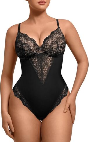FeelinGirl Womens Body Suits Shapewear Tummy Control Backless Thong Body Shaper V Neck Compression Lace Bodysuit Tops in Kuwait