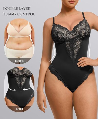 FeelinGirl Womens Body Suits Shapewear Tummy Control Backless Thong Body Shaper V Neck Compression Lace Bodysuit Tops in Kuwait