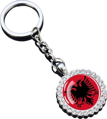 1 National Flag Keychain With Rhinestones, Glass Dome Pendant, Silver Metal Chain, World in Kuwait