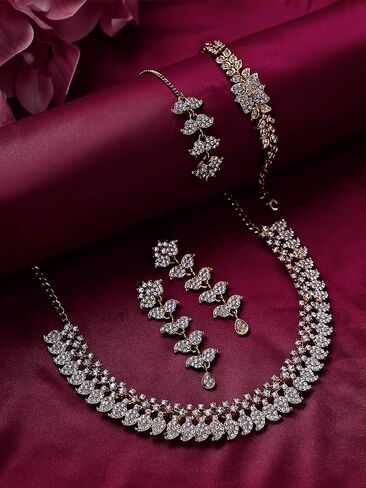 مجموعات المجوهرات الهندية للنساء - Bollywood Wedding Rhinestone Necklace Golden Brides مجموعة المجوهرات للعرائس in Kuwait