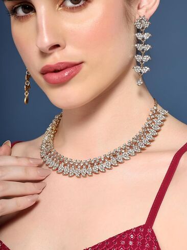 مجموعات المجوهرات الهندية للنساء - Bollywood Wedding Rhinestone Necklace Golden Brides مجموعة المجوهرات للعرائس in Kuwait