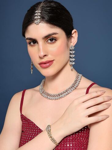 مجموعات المجوهرات الهندية للنساء - Bollywood Wedding Rhinestone Necklace Golden Brides مجموعة المجوهرات للعرائس in Kuwait