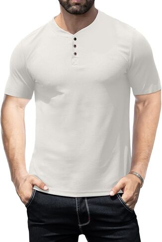 KUYIGO Men's Slim Fit Henley Shirts Casual Solid Button Waffle Fashion Summer T-Shirts Tops in Kuwait