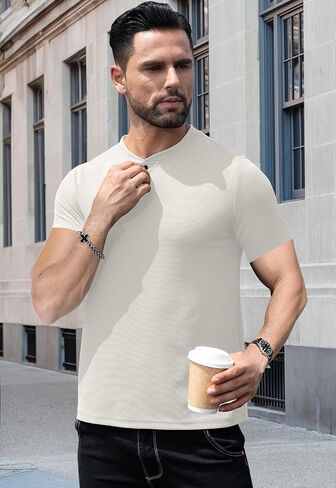 KUYIGO Men's Slim Fit Henley Shirts Casual Solid Button Waffle Fashion Summer T-Shirts Tops in Kuwait