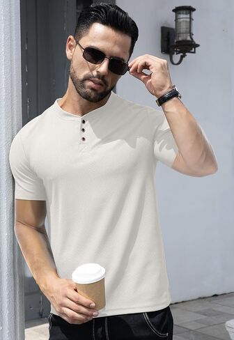 KUYIGO Men's Slim Fit Henley Shirts Casual Solid Button Waffle Fashion Summer T-Shirts Tops in Kuwait
