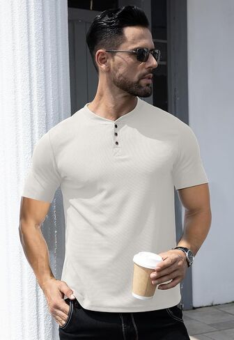 KUYIGO Men's Slim Fit Henley Shirts Casual Solid Button Waffle Fashion Summer T-Shirts Tops in Kuwait
