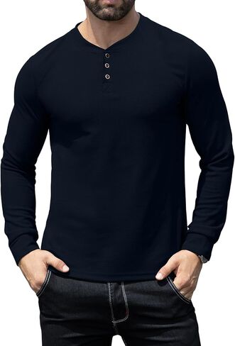 KUYIGO Men's Slim Fit Henley Shirts Casual Solid Button Waffle Fashion Summer T-Shirts Tops in Kuwait