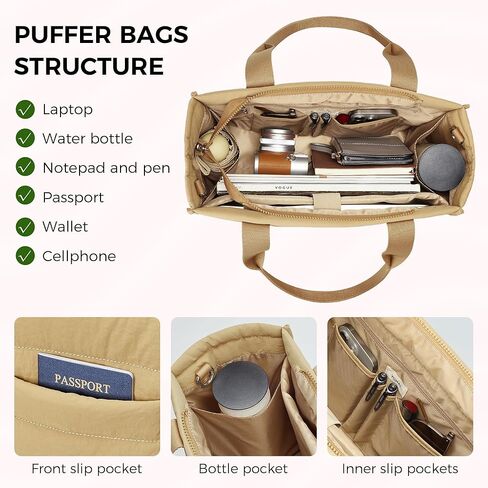Travel Tote Bag for Women Work Puffer Laptop Crossbody Bags with Zipper Quilted Gym Tote Nylon Purse Shoulder Handbags in Kuwait