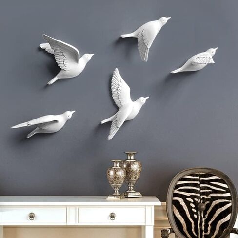Omaju Gall Decor ، 5pcs حمائم أبيض ديكور الجدار راتنج الطيور الطيران منحوتات ثلاثية الأبعاد جدار الفن الزخرفة الساحلية معلقة لغرفة المعيشة الحمام المنزل in Kuwait