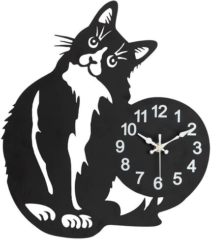 Cat Cat Wall Clock - تصميم لعوب مع تفاصيل دقيقة | وجه على مدار الساعة سهلة القراءة | المعدن خفيف الوزن | هدية رائعة لمحبي القط | 11 3/4 "× 13 7/8" in Saudi Arabia