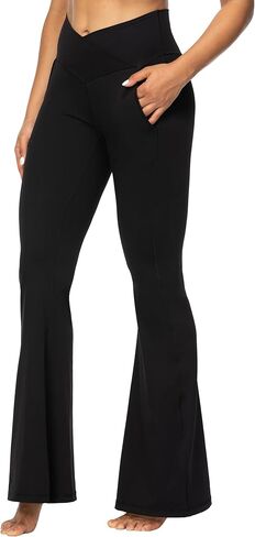 Sunzel Flare Leggings for Women with Pockets, Crossover Yoga Pants with Tummy Control, High Waisted and Wide Leg 30" Black Small in Saudi Arabia