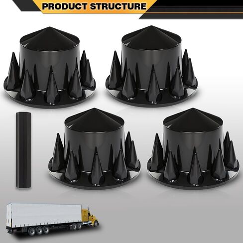 Rear Complete Axle Wheel Cover 33mm Spike Screw-on Lug Nut Cover for Semi Truck, Black ABS, Universal Fit 4 Pack Glossy Black in Saudi Arabia