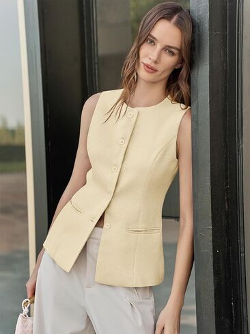 Tankaneo Womens Tweed Sleeveless Vest Crew Neck Button Down Fitted Blazer Vest Tops Work Casual Waistcoat in Kuwait