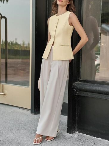 Tankaneo Womens Tweed Sleeveless Vest Crew Neck Button Down Fitted Blazer Vest Tops Work Casual Waistcoat in Kuwait