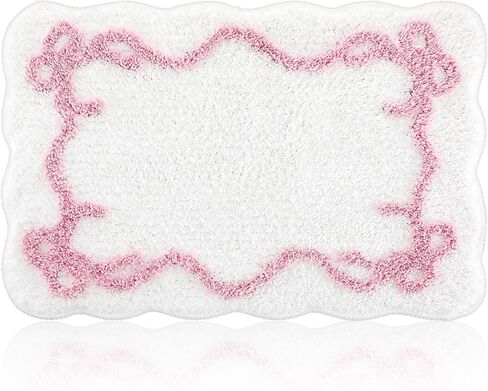 Bow Bathmat Rug with Scalloped Wavy Ripple Design, Microfiber Absorbent Non Slip Tufted Rug Aesthetic Coquette Room Decor for Floor Shower Kitchen 15.8 x 23.6 Inch(Pink) in Kuwait
