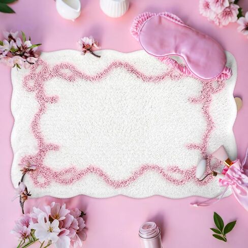 Bow Bathmat Rug with Scalloped Wavy Ripple Design, Microfiber Absorbent Non Slip Tufted Rug Aesthetic Coquette Room Decor for Floor Shower Kitchen 15.8 x 23.6 Inch(Pink) in Kuwait