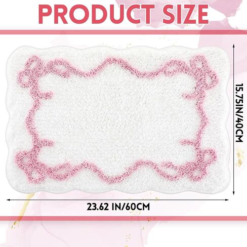 Bow Bathmat Rug with Scalloped Wavy Ripple Design, Microfiber Absorbent Non Slip Tufted Rug Aesthetic Coquette Room Decor for Floor Shower Kitchen 15.8 x 23.6 Inch(Pink) in Kuwait