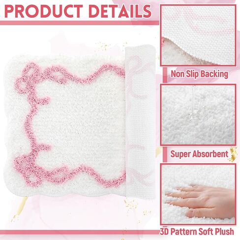 Bow Bathmat Rug with Scalloped Wavy Ripple Design, Microfiber Absorbent Non Slip Tufted Rug Aesthetic Coquette Room Decor for Floor Shower Kitchen 15.8 x 23.6 Inch(Pink) in Kuwait