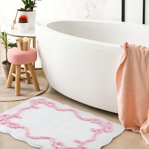 Bow Bathmat Rug with Scalloped Wavy Ripple Design, Microfiber Absorbent Non Slip Tufted Rug Aesthetic Coquette Room Decor for Floor Shower Kitchen 15.8 x 23.6 Inch(Pink) in Kuwait