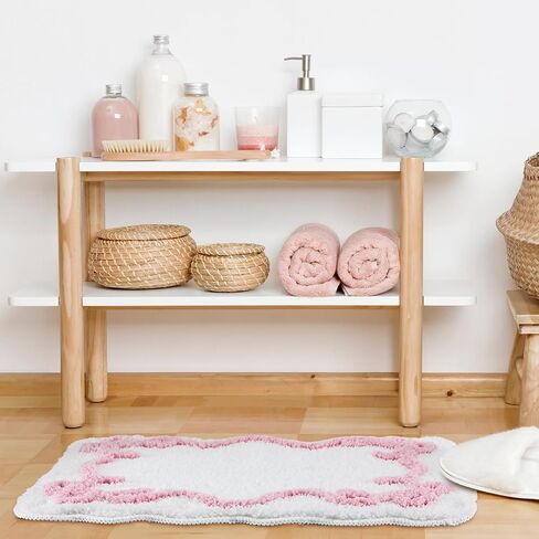 Bow Bathmat Rug with Scalloped Wavy Ripple Design, Microfiber Absorbent Non Slip Tufted Rug Aesthetic Coquette Room Decor for Floor Shower Kitchen 15.8 x 23.6 Inch(Pink) in Kuwait