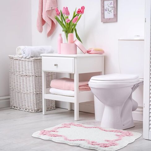 Bow Bathmat Rug with Scalloped Wavy Ripple Design, Microfiber Absorbent Non Slip Tufted Rug Aesthetic Coquette Room Decor for Floor Shower Kitchen 15.8 x 23.6 Inch(Pink) in Kuwait